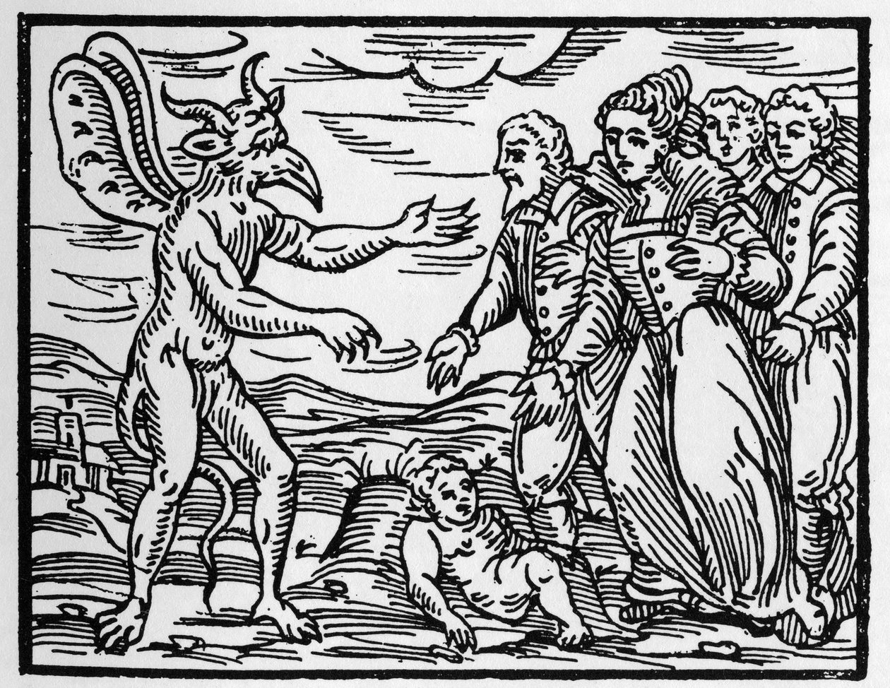 Czarodzieje przedstawiający diabłu dziecko - „Kompendium Maleficarum” – opowiada o czarownicach, ich złu i ich losach autorstwa Francesco Marii Guazzo lub Guaccio lub Guaccius (15??-16??) 1608 Kolekcja prywatna autorstwa Anonymous Anonymous