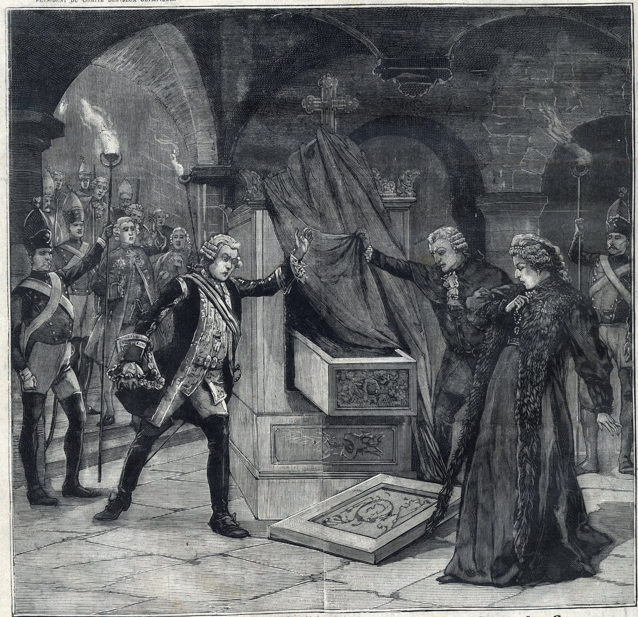 Scena piwnic w spektaklu „Katarzyna z Rosji”” w teatrze Cathelet Paul Ginisty (1855-1932) i Charles Samson (1894-1895). Grawer w „”Le Petro Parisien”” autorstwa Anonymous Anonymous