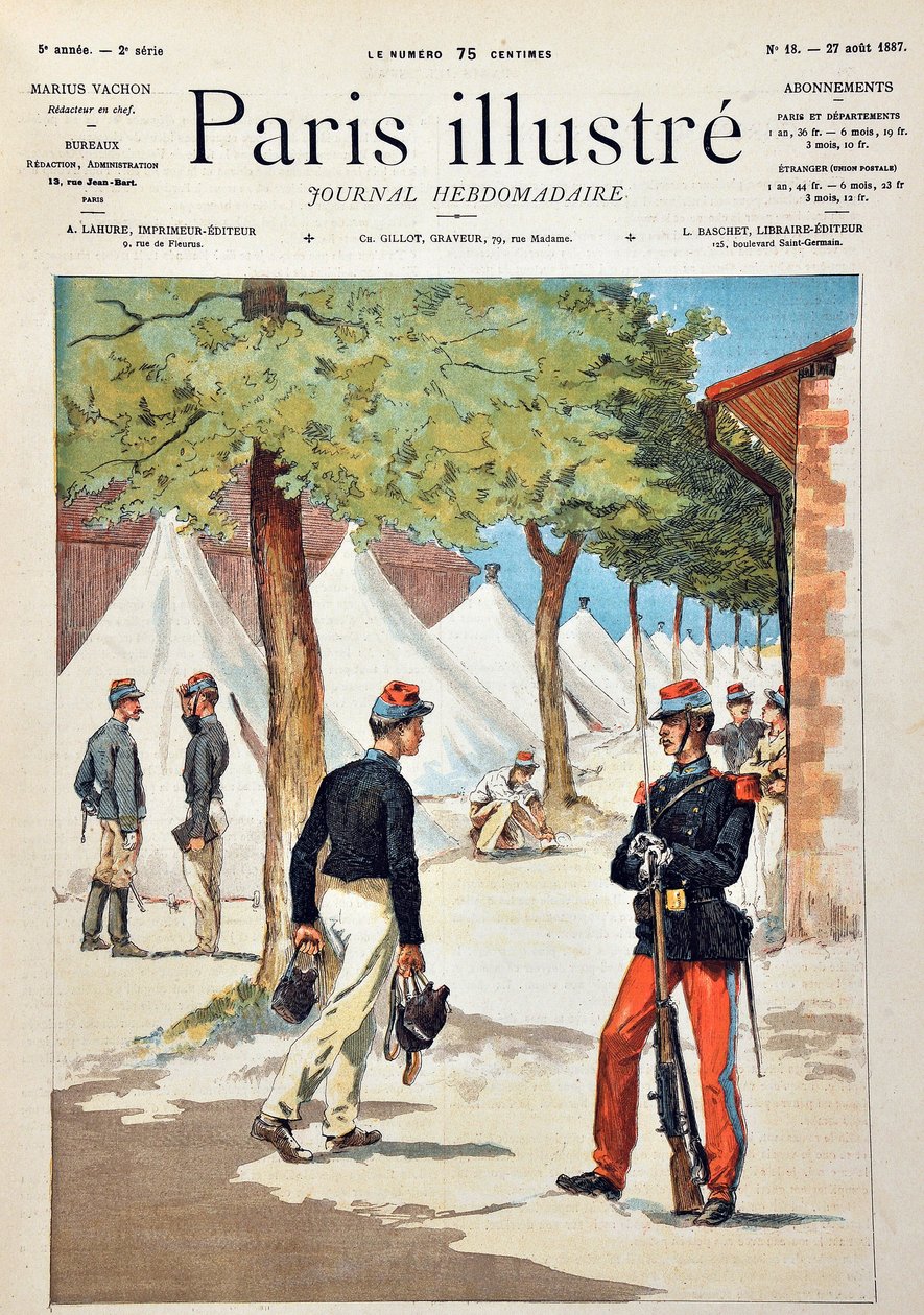 Uczniowie szkoły Saint-Cyr (Saint Cyr) w obozie Chalons. Rycina z 1887 r. w tygodniku „Paryż-Prześwietny””. autorstwa Anonymous Anonymous