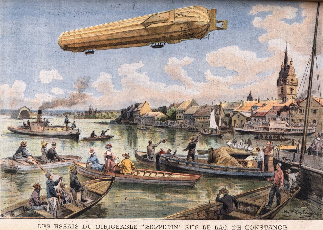 Testy sterowca Zeppelin na Jeziorze Bodeńskim w Niemczech. Grawer z gazety „”Le Peute Parisien””, dnia 2.08.1908 r. Prywatna kolekcja. autorstwa Anonymous Anonymous