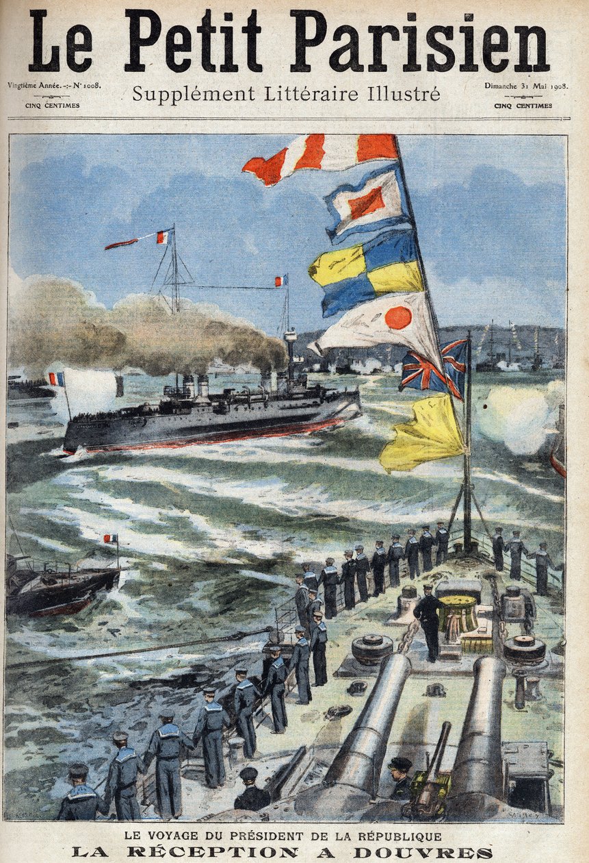 Podróż prezydenta Republiki Francuskiej Armanda Fallieresa (1841-1931): przyjęcie w Dover w Anglii. Jedna z gazet „Le petit parisien”” w dniu 31.05.1908. Prywatna kolekcja. autorstwa Anonymous Anonymous