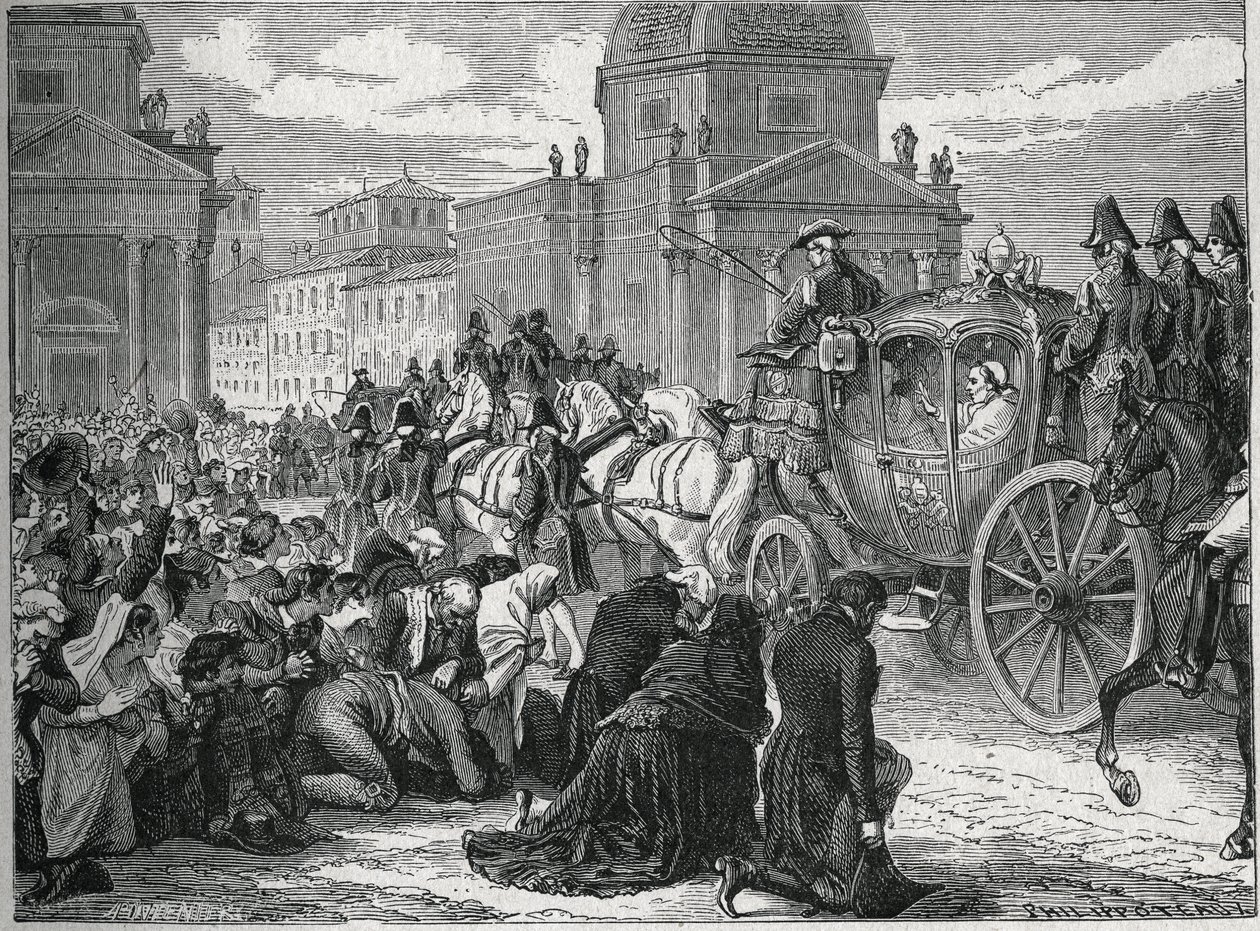 Triumfalny wjazd papieża Piusa VII (Pio) (1742-1823) w Rzymie (Rzym) w dniu 24 maja 1814 r. Rycina z XIX wieku. Prywatna kolekcja. autorstwa Anonymous Anonymous