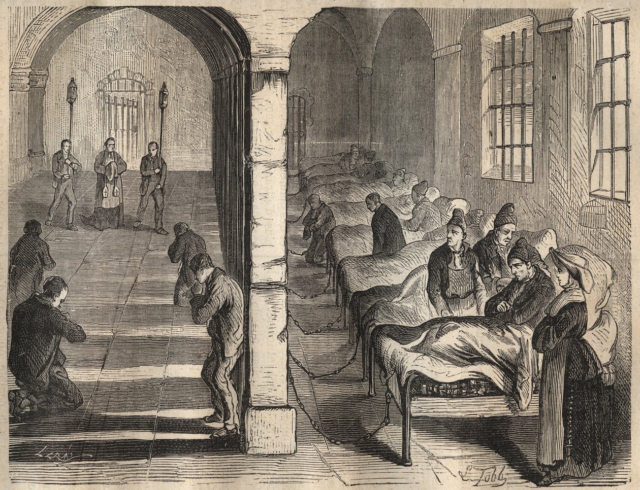 Viatica w więzieniu w Tulonie w XIX wieku. Grawer „Historia skazanych od ich powstania do dnia dzisiejszego” (1877) autorstwa Pierre