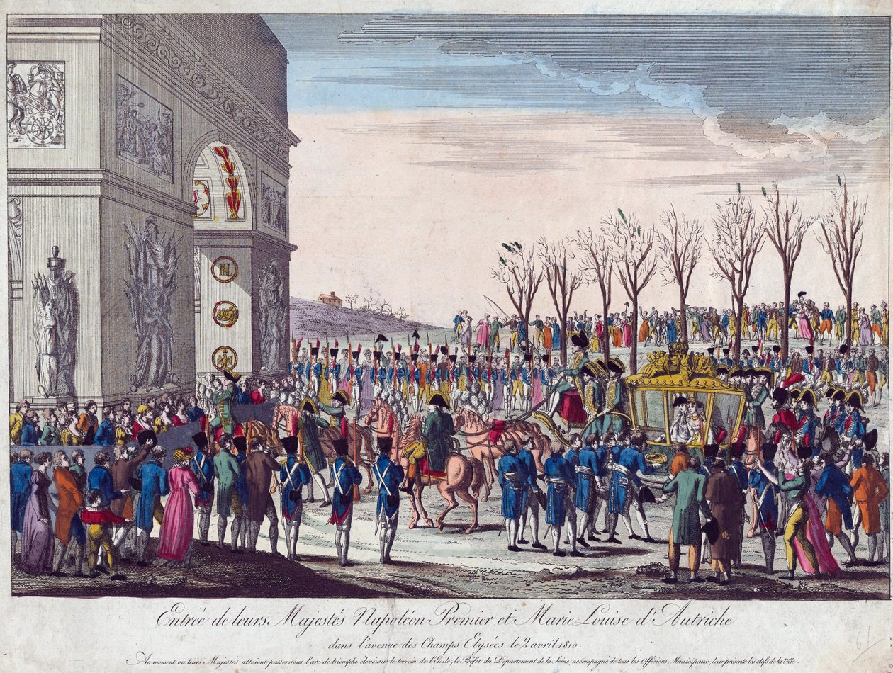 Procesja ślubna Napoleona i Marie-Louise wzdłuż Pól Elizejskich 2 kwietnia 1810 - Anonim - 1810 - Akwaforta, akwarela - 35,3x45,7 - Kolekcja prywatna autorstwa Anonymous Anonymous