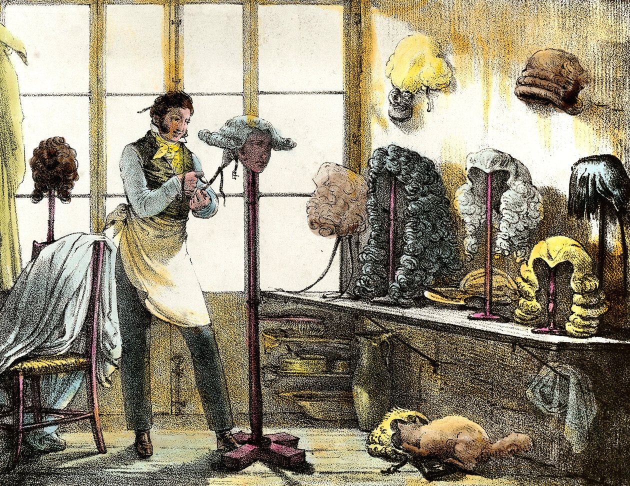Peruka stylizująca perukę katogana, fryzjera męskiego. Grawerowanie z pokazów lustrzanych, listów, lekarstw itp. Sztuka” 1821-1823 Kolekcja prywatna autorstwa Anonymous Anonymous