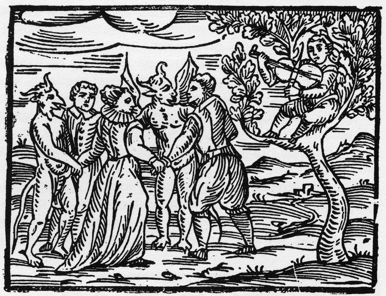 Czarownice w szabat tańczące przy dźwiękach skrzypiec - „Kompendium Maleficarum”, opowiada o czarownicach, ich złu i pochodzeniu Francesco Marii Guazzo lub Guaccio lub Guaccius (15??-16??) 1608 Kolekcja prywatna autorstwa Anonymous Anonymous
