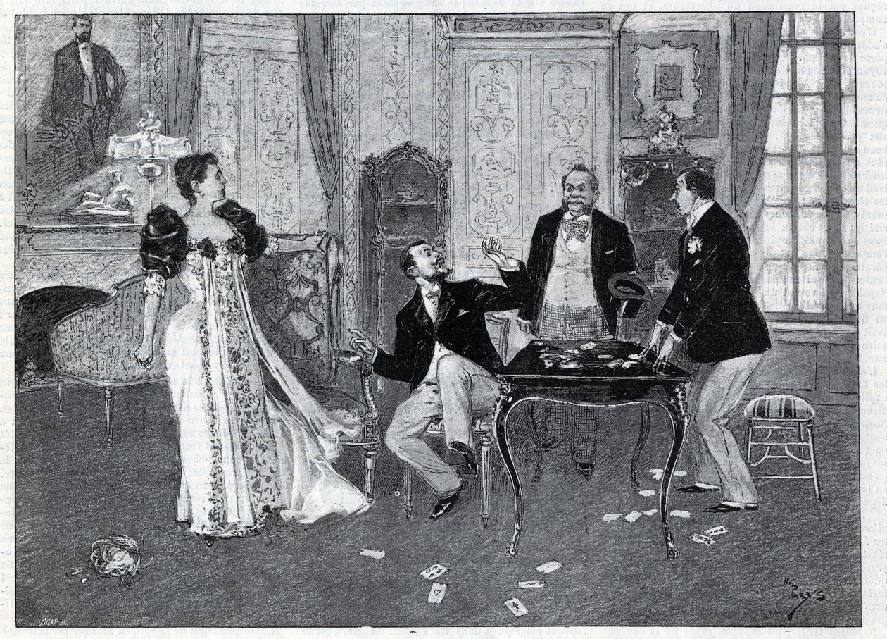 Przedstawienia teatralne: „”The Systeme Ribadier””, wodewil Georgesa Feydeau (1862-1921) i Maurice’a Hennequina (1863-1926) w Theatre du Palais-Royal w Paryżu. Grawer „Le monde illustree” z 1892 r. Ze zbiorów prywatnych. autorstwa Anonymous Anonymous