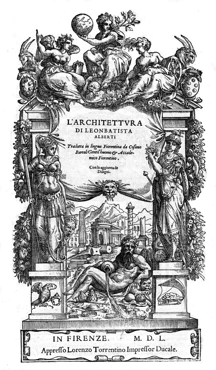 Strona tytułowa „” The Architecture of Leon Battista (Leon Battista) Alberti: przetłumaczone na język florencki przez Cosimo Bartoli „” de 1550. (De Architectura) (architektura) autorstwa Anonymous Anonymous
