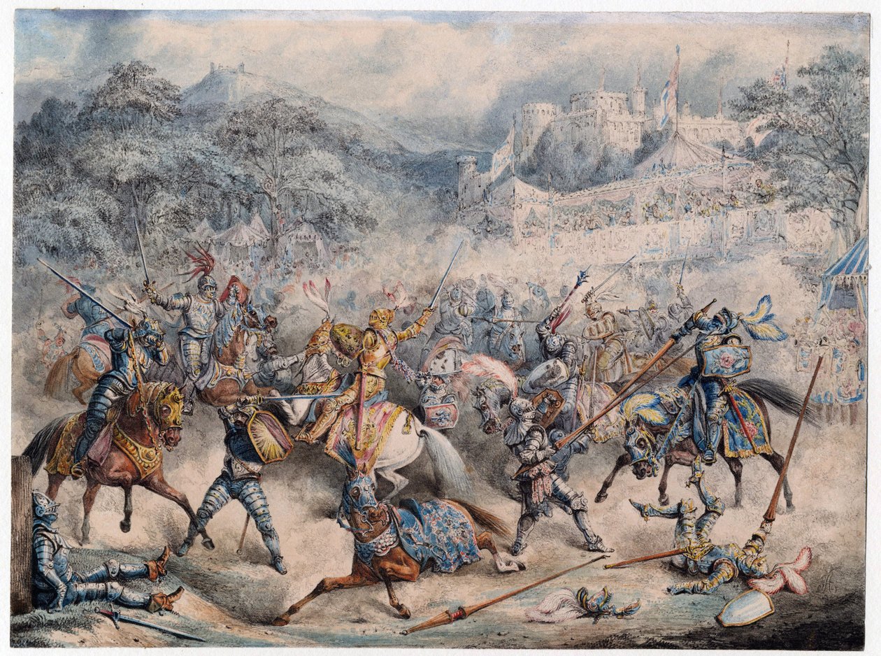 Tournoi (wiek Moyen) - Turniej rycerzy konnych - Anonim - 1840 - Litografia kolorowa - 20,3x30,5 - Kolekcja prywatna autorstwa Anonymous Anonymous