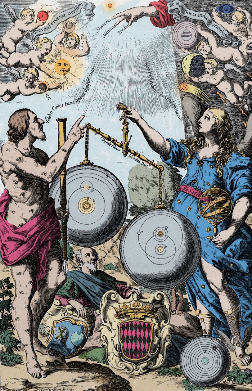 Urania, Muza Astronomii, reprezentowana przed Argusem, trzymająca teleskop. Ważą i porównują system Kopernika (po lewej) i system jezuity Giovanni Riccioli inspiruje się z systemem Tycho Brahe (który łączy geocentryczne wizje Ptolemeusza). autorstwa Anonymous Anonymous