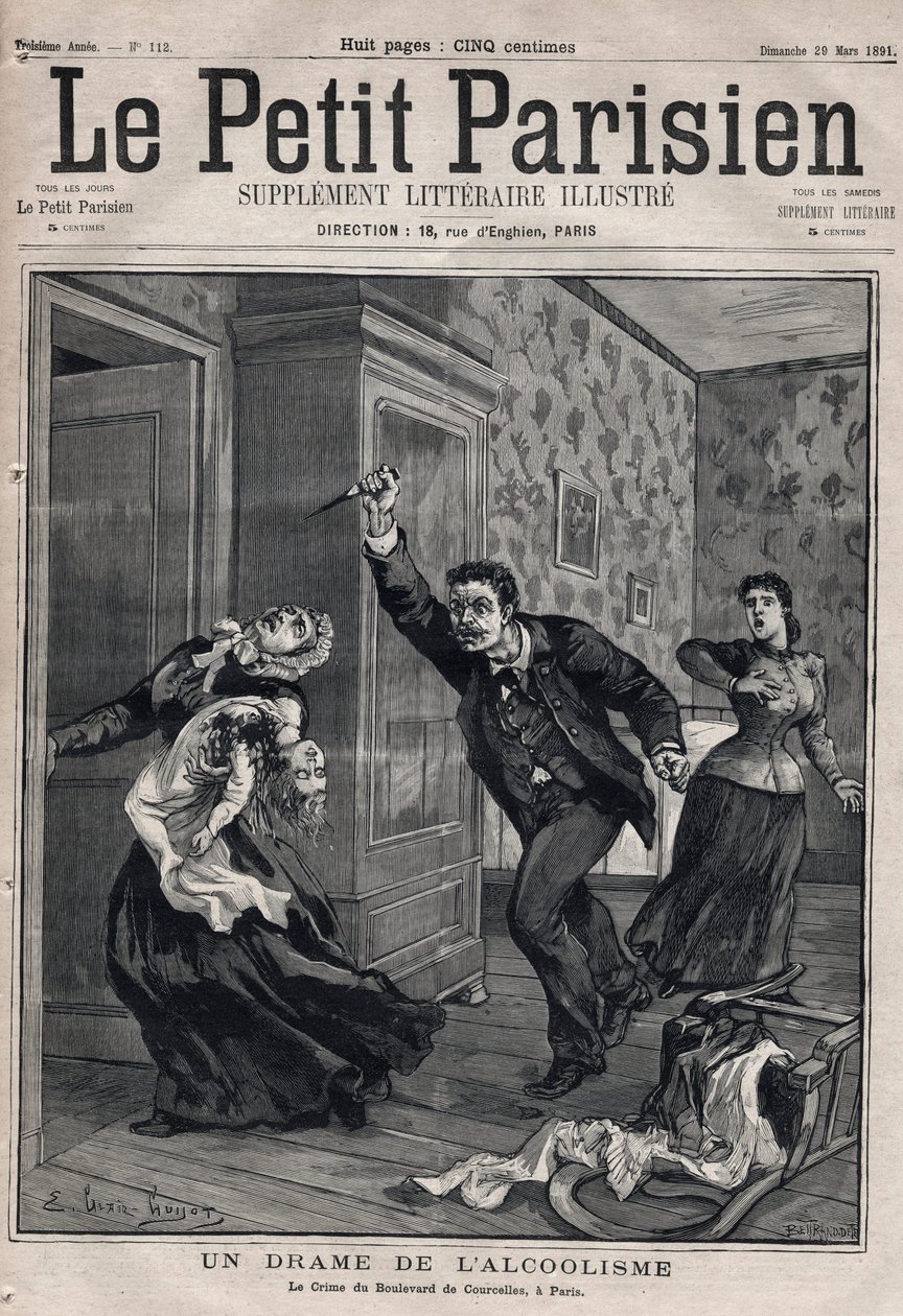 Różne fakty: dramat alkoholizmu - Le crime du Boulevard de Courcelles w Paryżu - Grawer w „Le petit Parisien” z 1891 r. - Kolekcja prywatna autorstwa Anonymous Anonymous
