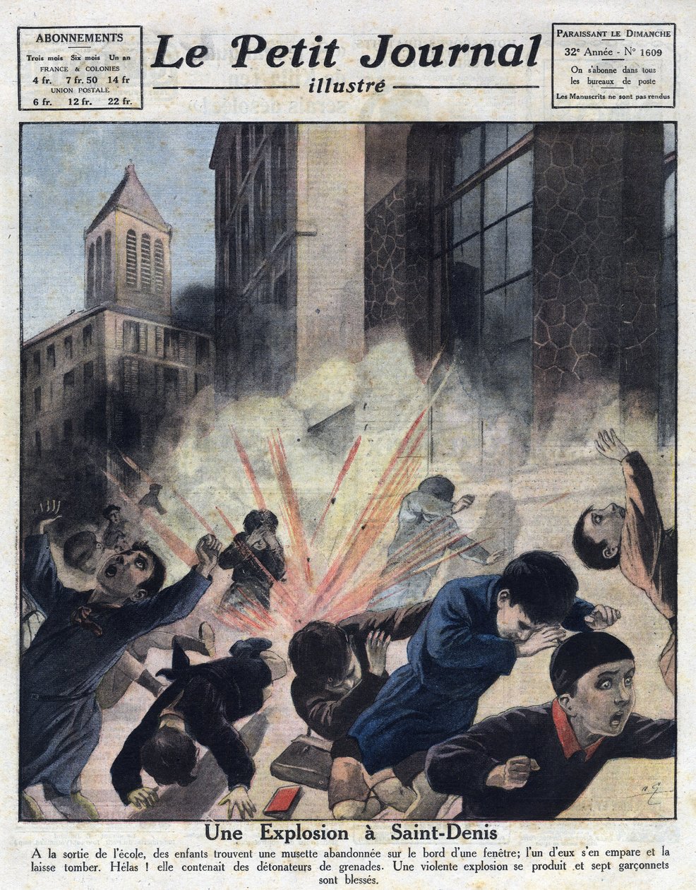 Różne fakty: eksplozja wywołana detonatorami granatów w opuszczonej musecie, którą bawiły się dzieci po ukończeniu szkoły w Saint Denis. Ilustracja zaczerpnięta z „Le petit journal illustious”” z 23.10.1921. Prywatna kolekcja autorstwa Anonymous Anonymous
