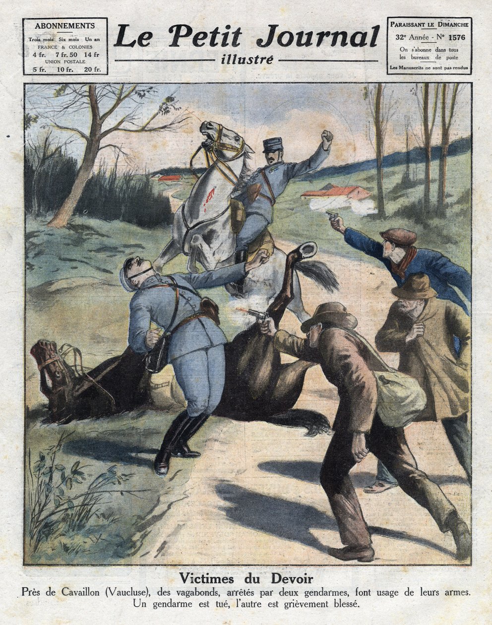 Różne fakty: zabójstwo dwóch żandarmów przez włóczęgów na drodze do Cavaillon w Vaucluse. Ilustracja zaczerpnięta z „Le petit journal” z 06.03.1921. Prywatna kolekcja autorstwa Anonymous Anonymous