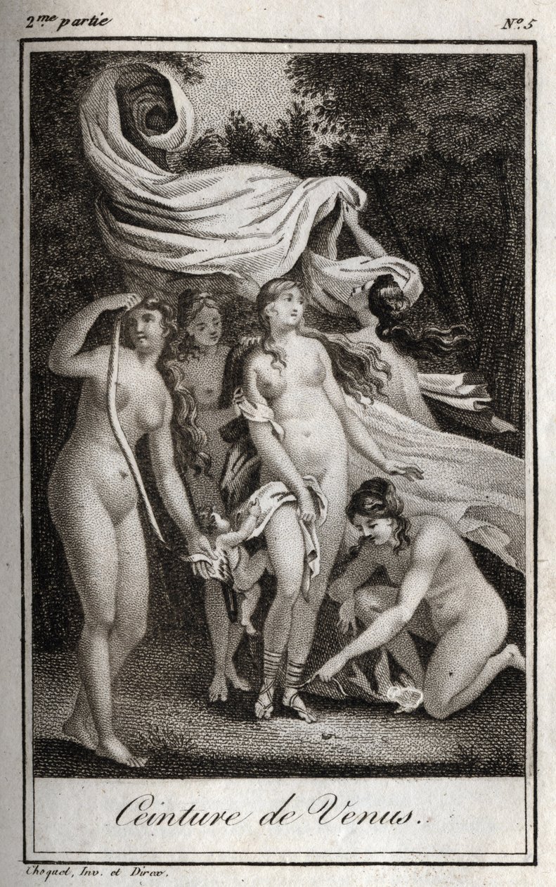 Pas Wenus: Podczas gdy bitwa nadal przynosi korzyść trojanom, Junon używa pasa Wenus, aby oczarować Jowisza, i spać, aby go uśpić. Rycina z 1819 r. w „Lettres a Emilie sur la mitologie” Charlesa Alberta Demoustiera (1760-1801). Prywatna kolekcja autorstwa Anonymous Anonymous