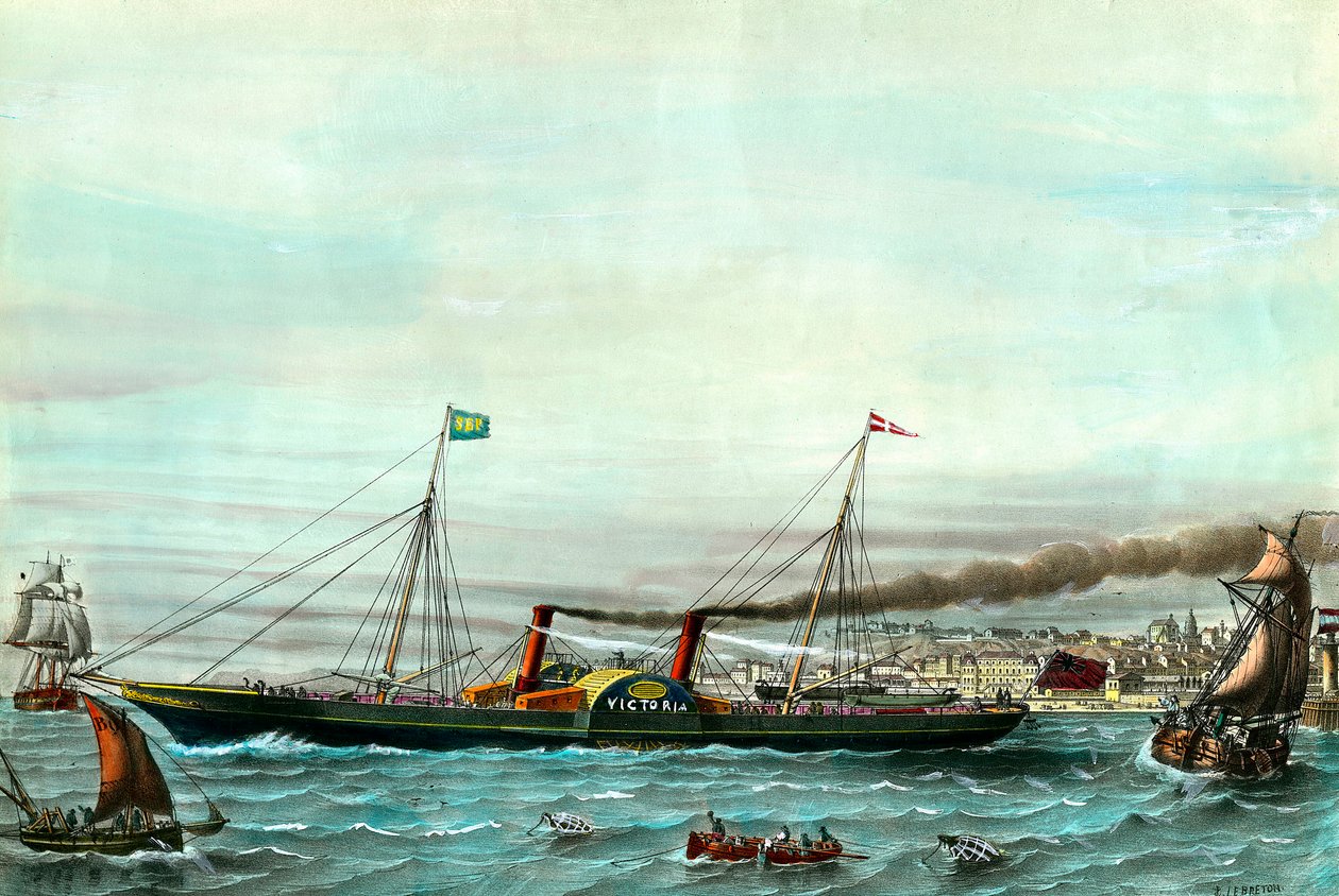 Vessel a wheel la Victoria”” służący między Boulogne sur mer i Folkestone””” Grawerunek z XIX wieku. Prywatna kolekcja autorstwa Anonymous Anonymous