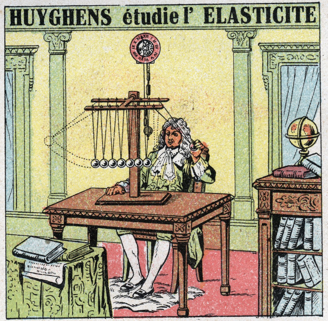 Ruchy wibracyjne: Christiaan Huygens (1629-1695) bada elastyczność materiału, obserwując koraliki z kości słoniowej. Anonimowa ilustracja z 1925 r. Ze zbiorów prywatnych. autorstwa Anonymous Anonymous