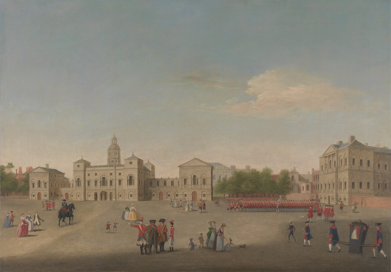 Widok gwardii konnej i Whitehall, ok. 1750 (olej na płótnie) autorstwa Anonymous Anonymous