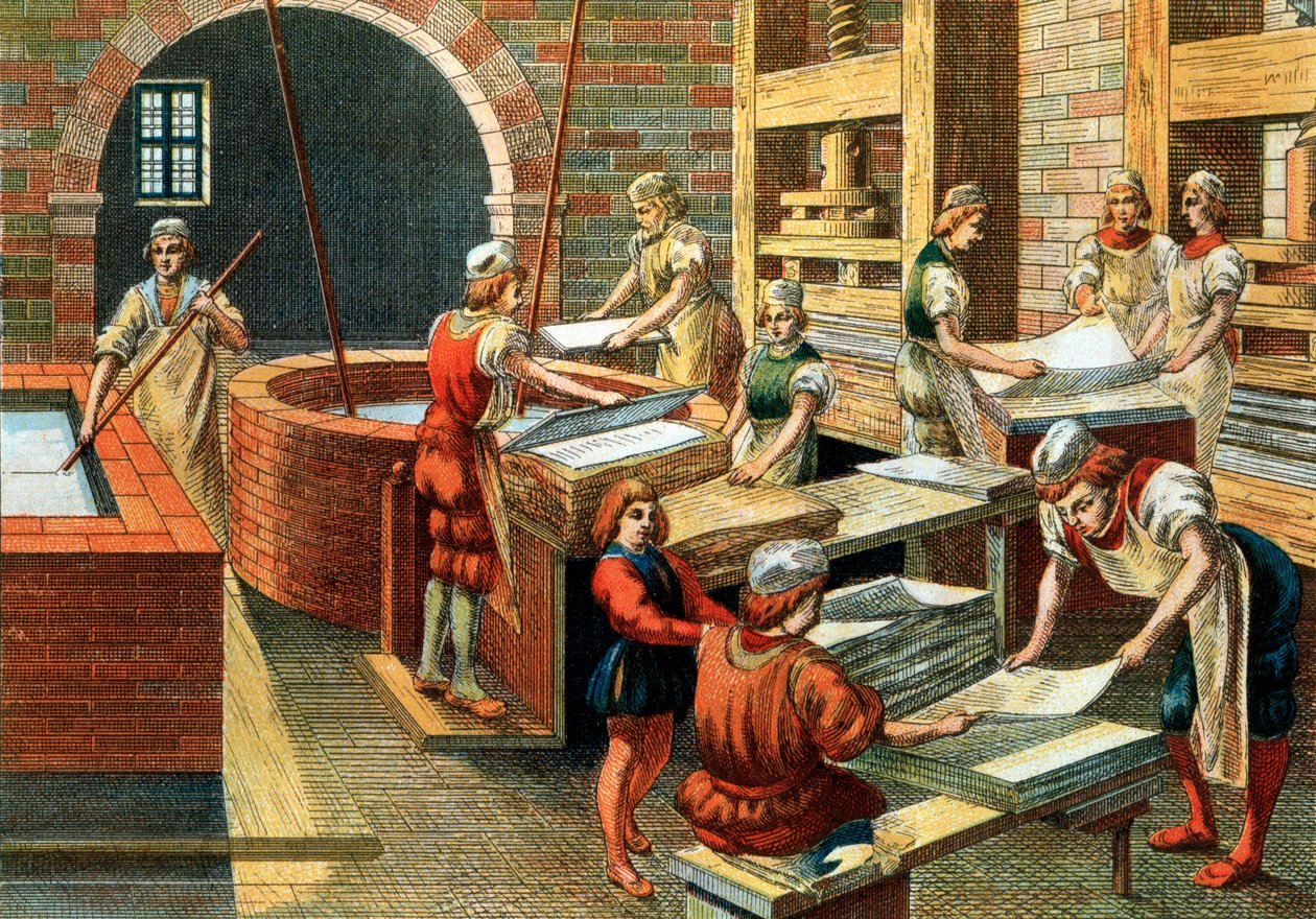 Widok warsztatu papierniczego w Fabriano w XVI wieku we Włoszech. Różne kroki. Ilustracja. Kolekcja prywatna - Warsztat papierniczy w Fabriano (Włochy) autorstwa Anonymous Anonymous