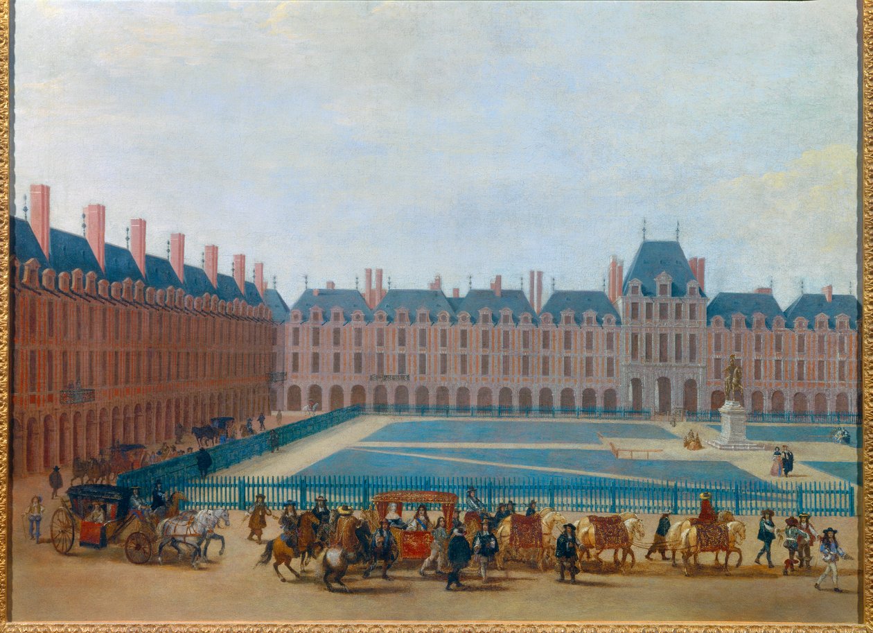 Widok na Place Royale ok. 1660, przejazd karety króla Ludwika XIV Obecne place des Vosges w Paryżu. Anonimowy obraz z XVII wieku. Ciemny. 0,81 x 1,13 m Paryż, Musee Carnavalet autorstwa Anonymous Anonymous