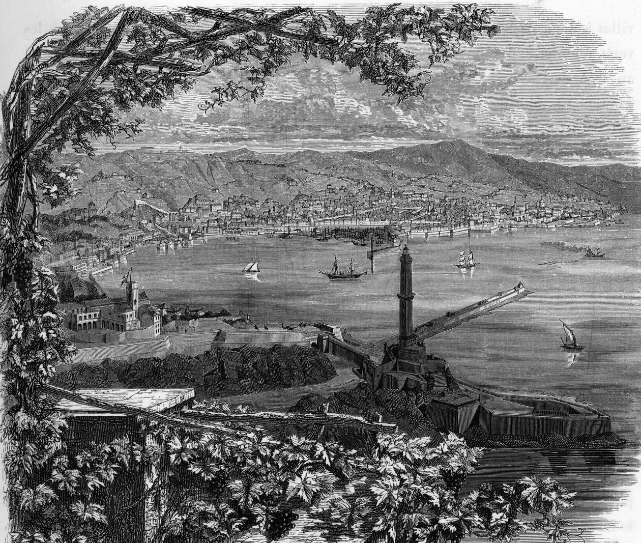 Widok na miasto Genes (Genova), Włochy. rycina z 1859 r. w „Galeriach Europy – Włochy” autorstwa Armengaud. Prywatna kolekcja. autorstwa Anonymous Anonymous