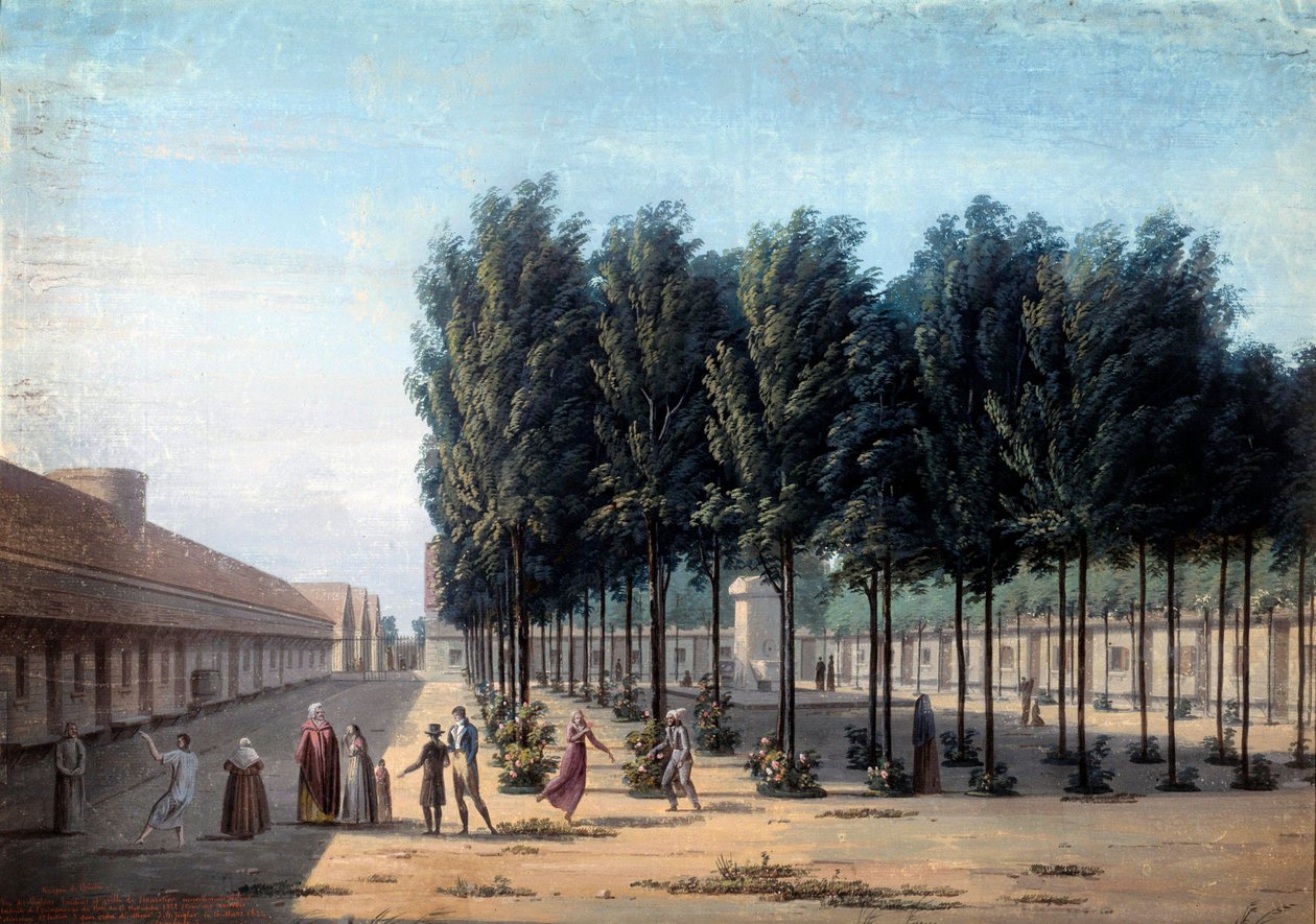 Widok na dziedziniec Paisibles przy hospicjum w Bicetre Spacer chorych psychicznie w Szpitalu w 1824 r. Anonimowy gwasz. Paryż, Muzeum Carnavalet autorstwa Anonymous Anonymous