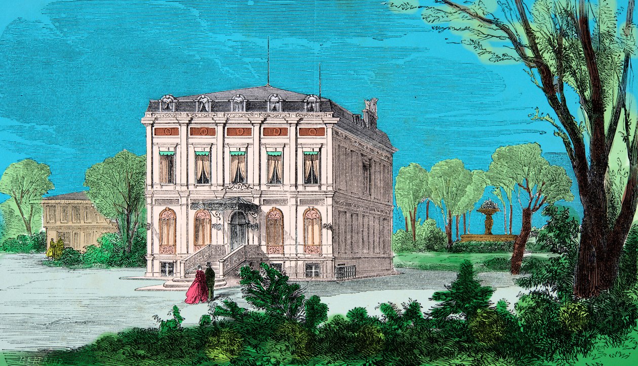 Widok domu Gioachino (Gioacchino, Giovacchino) Rossiniego (1792-1868) w Passy au Bois de Boulogne, rycina, kolekcja prywatna autorstwa Anonymous Anonymous