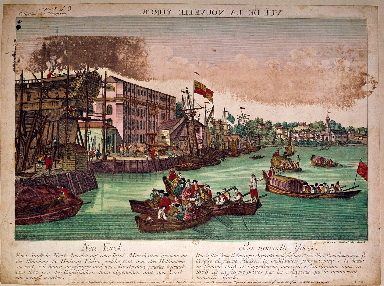 Widok na port miasta Nowy Jork (Nowy Jork) w Stanach Zjednoczonych, po lewej stocznia. Ujście rzeki Hudson i Manhattan Island. Rycina z XVIII wieku. Prywatna kolekcja autorstwa Anonymous Anonymous