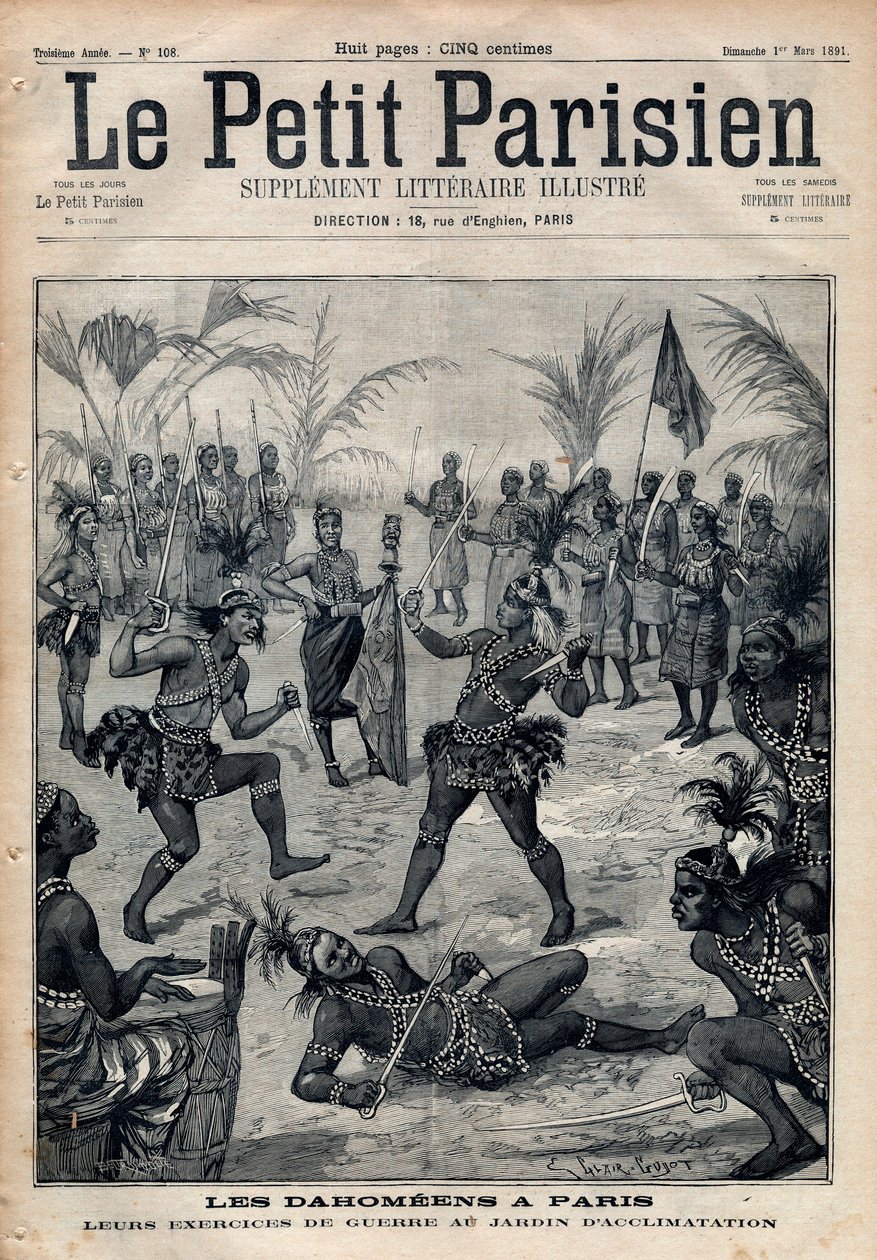 Ćwiczenia wojenne: Amazonki, wojownicy i feticheurs dahomeens (obecnie Benin) z ogrodu aklimatyzacji w Paryżu (Ludzkie Zoo). Grawer w „Le petit Parisien”” z 1891 r. Ze zbiorów prywatnych. autorstwa Anonymous Anonymous