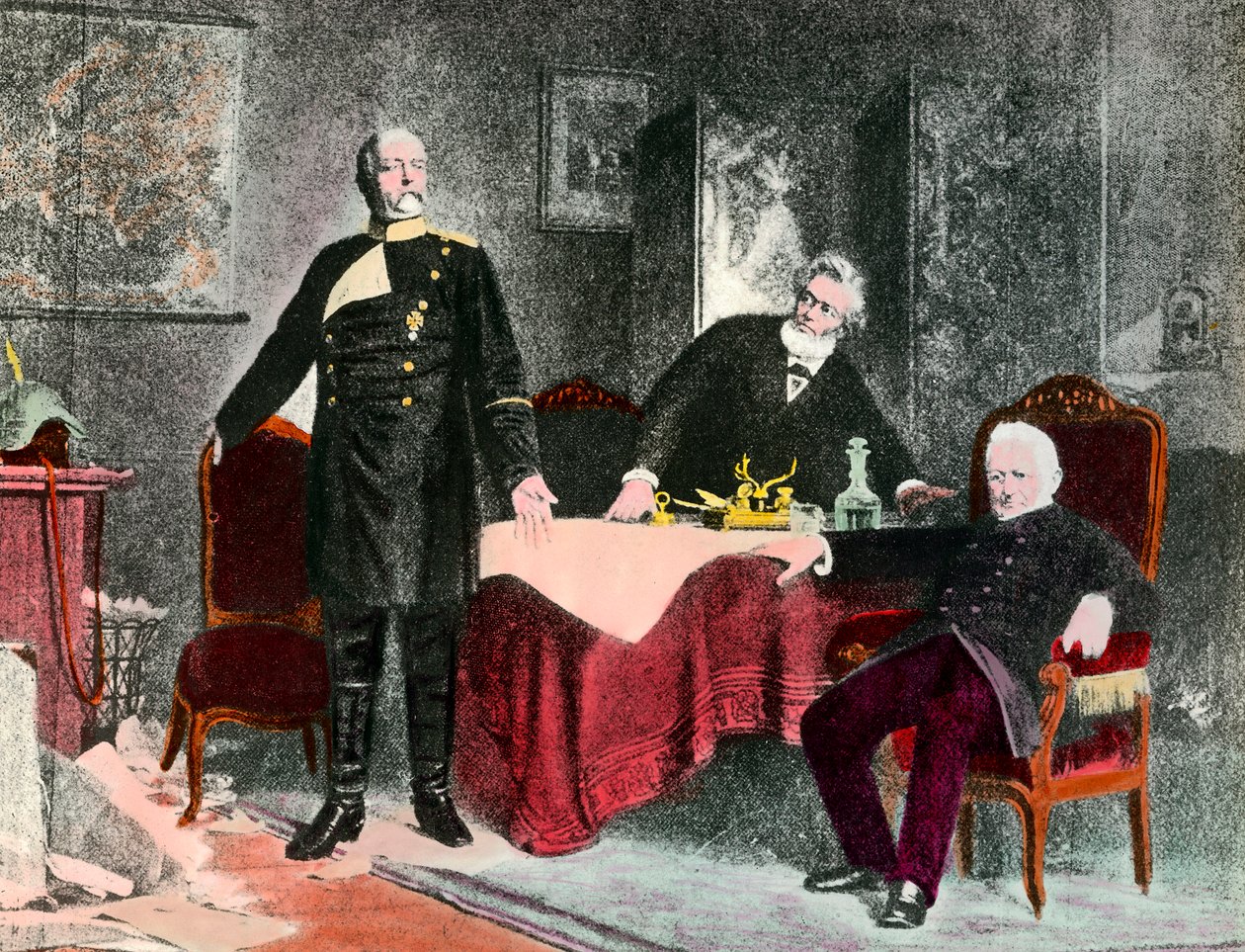 Wojna 1870: rozmowa polityczna między kanclerzem Bismarckiem (1815-1898), Julesem Favrem (1809-1880) i Adolphe Thiers (1797-1877). Grawer około 1870 r. Kolekcja prywatna autorstwa Anonymous Anonymous