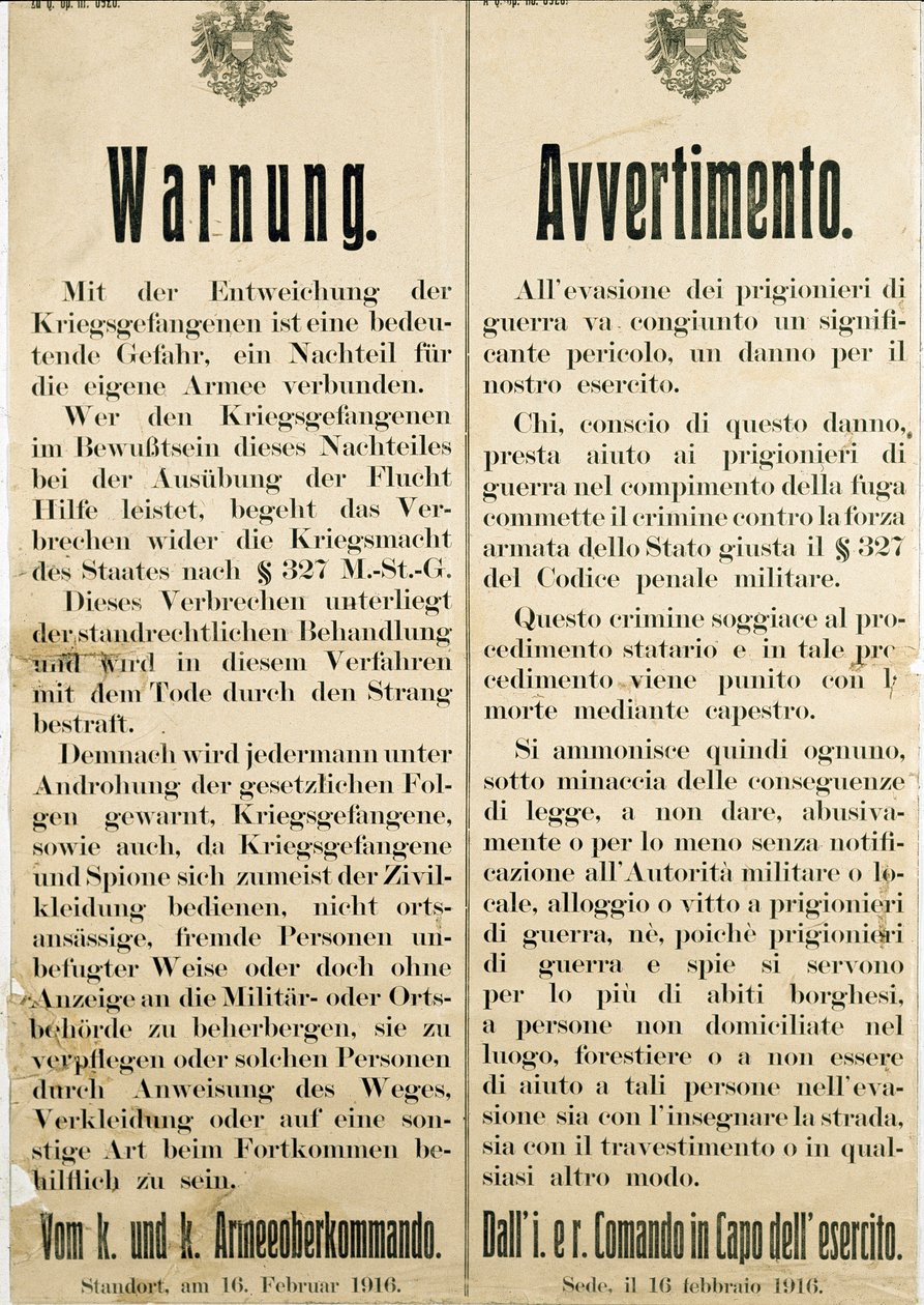 Ostrzeżenie po ucieczce włoskich jeńców wojennych 16 lutego 1916 r. z prośbą o nie pomaganie ludności austriackiej (rycina autorstwa Anonymous Anonymous