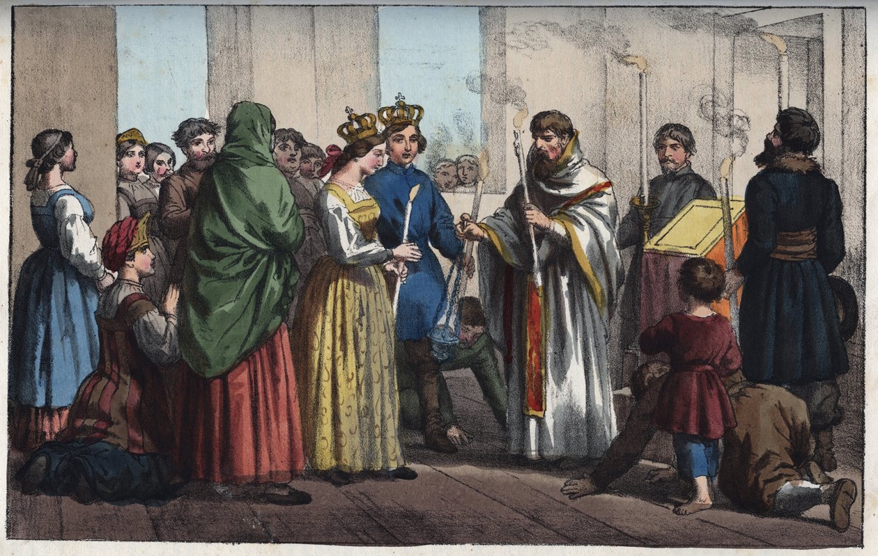 Śluby w Rosji w XVIII wieku - grawerowanie z „” Zwyczajów i tradycji wszystkich narodów wszechświata. Czyli Historia rządu, praw, milicji, religii wszystkich narodów od czasów najdalszych do dnia dzisiejszego „1856 autorstwa Anonymous Anonymous