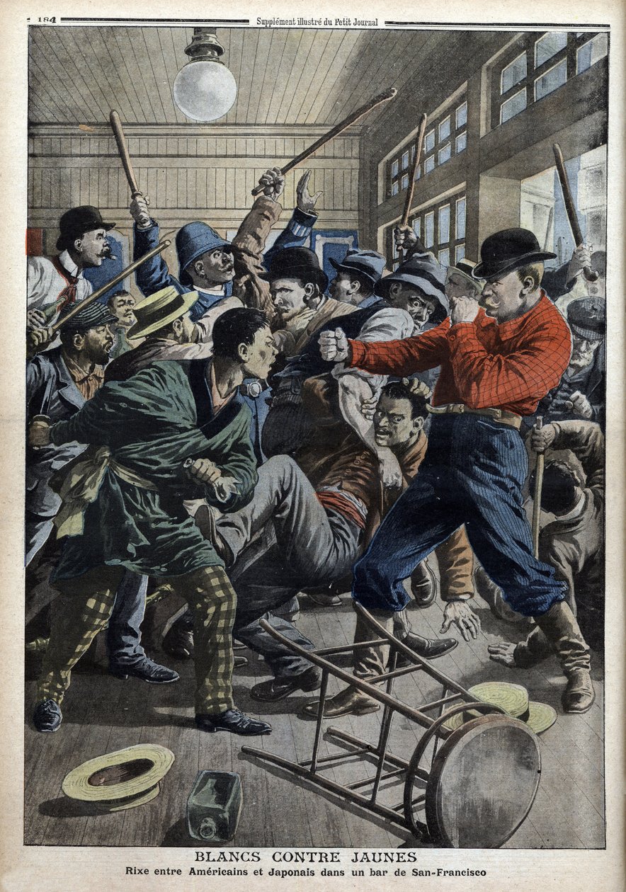 White vs. Yellow: Amerykanie i Japończycy bijają się w barze w San Francisco (kłopoty z wydaleniem japońskich dzieci ze szkół amerykańskich), ilustracja z „Le Petity Journal” z 9 czerwca autorstwa Anonymous Anonymous