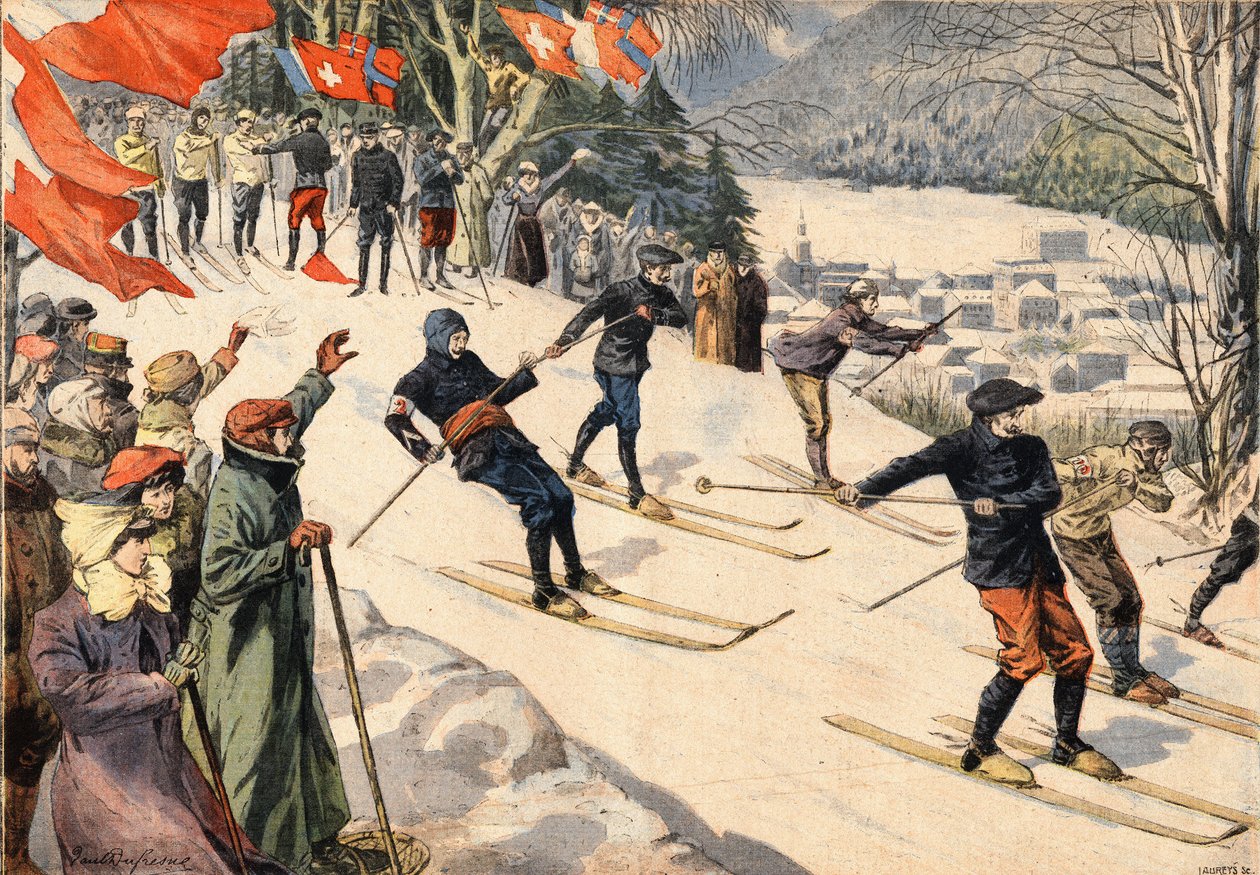 Sport zimowy: Zawody narciarskie w Chamonix w Haute Savoie w Alpach we Francji. Szwajcarskie i francuskie flagi zachęcają narciarzy. Grawer z gazety „Le Petite Parisien”” autorstwa Anonymous Anonymous