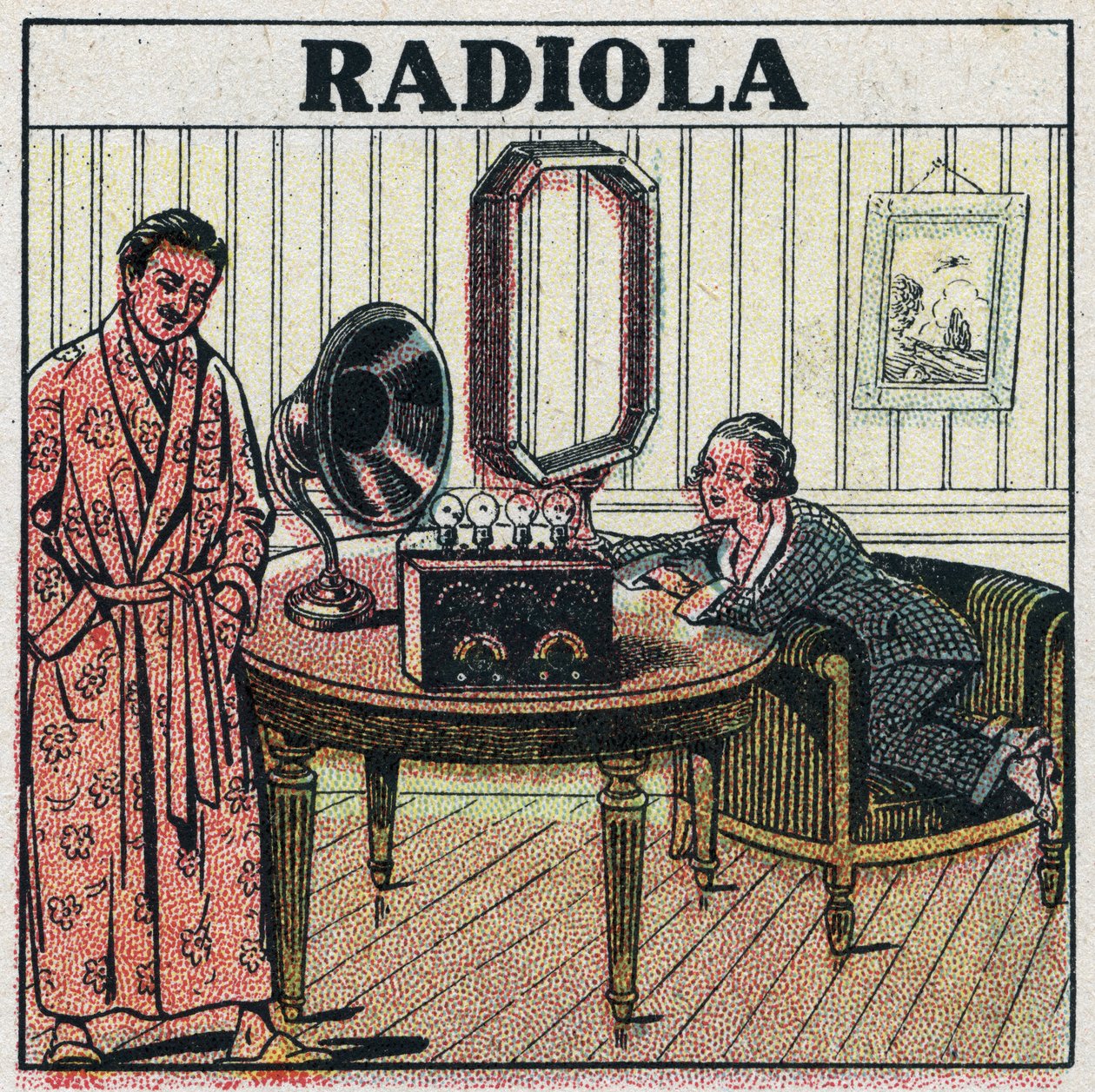 Telefonia bezprzewodowa: zestaw radiowy Radiola. Anonimowa ilustracja z 1925 r. Ze zbiorów prywatnych. autorstwa Anonymous Anonymous