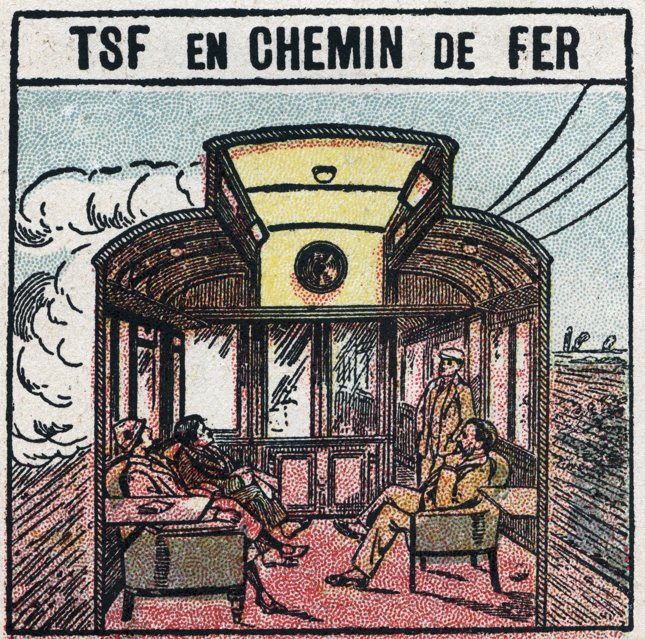 Telefonia bezprzewodowa: T.S.F. w wagonie kolejowym. Anonimowa ilustracja z 1925 r. Ze zbiorów prywatnych. autorstwa Anonymous Anonymous