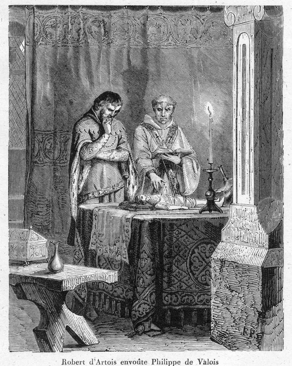 Czary i czarna magia: „” Pan Robert III Artois (1287-1342) czarujący Jana Walezego (Jana II, znanego jako Jan Dobry), syna króla Filipa VI, na lalce z wosku na jego obraz (voodoo) autorstwa Anonymous Anonymous