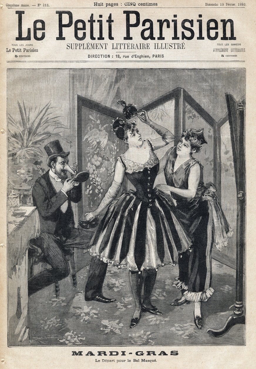 Kobiety przygotowujące się za parawanem i mężczyzna przymierzający maskę w kształcie tuby słonia na Bal Maskowy Mardi Gras (Mardi-Gras). Jedna z gazet „Le Petit Parisien”” z dnia 19.02.1893. autorstwa Anonymous Anonymous