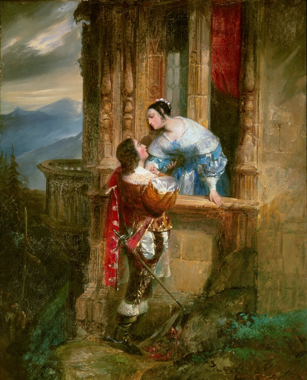 Młody mężczyzna w zalotach ma damę na swoim balkonie Ilustracja do „Romea i Julii” Williama Szekspira (1564-1616). Anonimowy obraz z XIX wieku. Lyon, musee des Beaux Arts - Młody mężczyzna zabiegający o młodą damę, scena na balkonie. Ilustracja do „ autorstwa Anonymous Anonymous