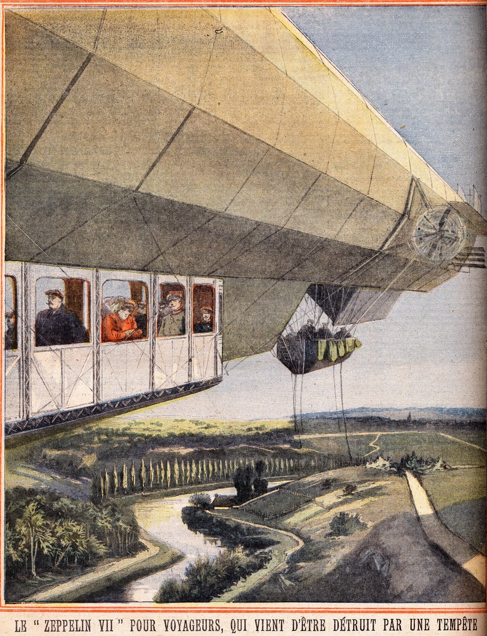 Zeppelin VII dla podróżników, który właśnie został zniszczony przez burzę. Grawer w „”Le petit parisien”” w dniu 10.07.1910. Prywatna kolekcja. autorstwa Anonymous Anonymous