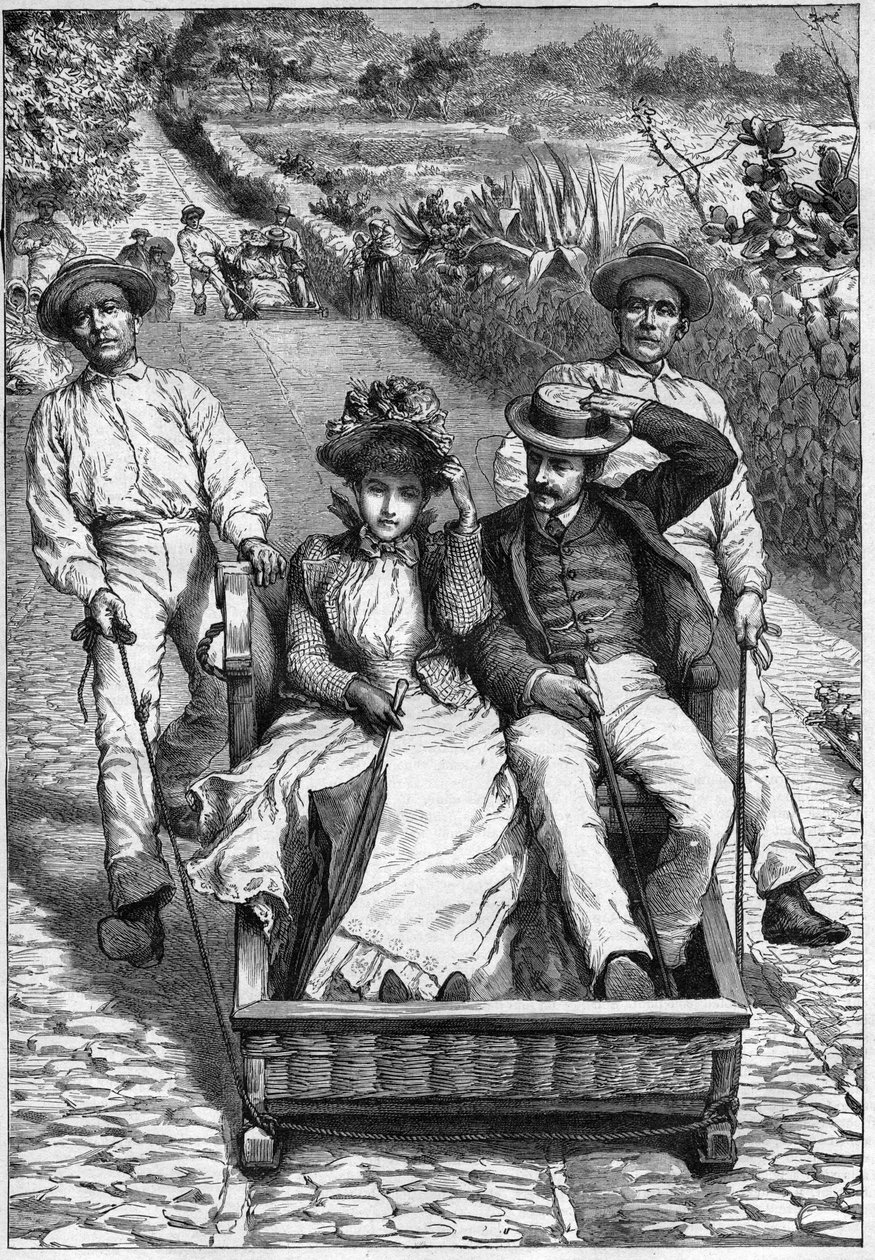 carros de cesto na Maderze 1893 - Les corinhos (carrieros) a Madeira (Madeira) - panowie prowadzący siedzenie w dwóch miejscach na ruletce (un corinho). grawer w „”Dzienniku podróży””” 1893 autorstwa Anonymous Anonymous