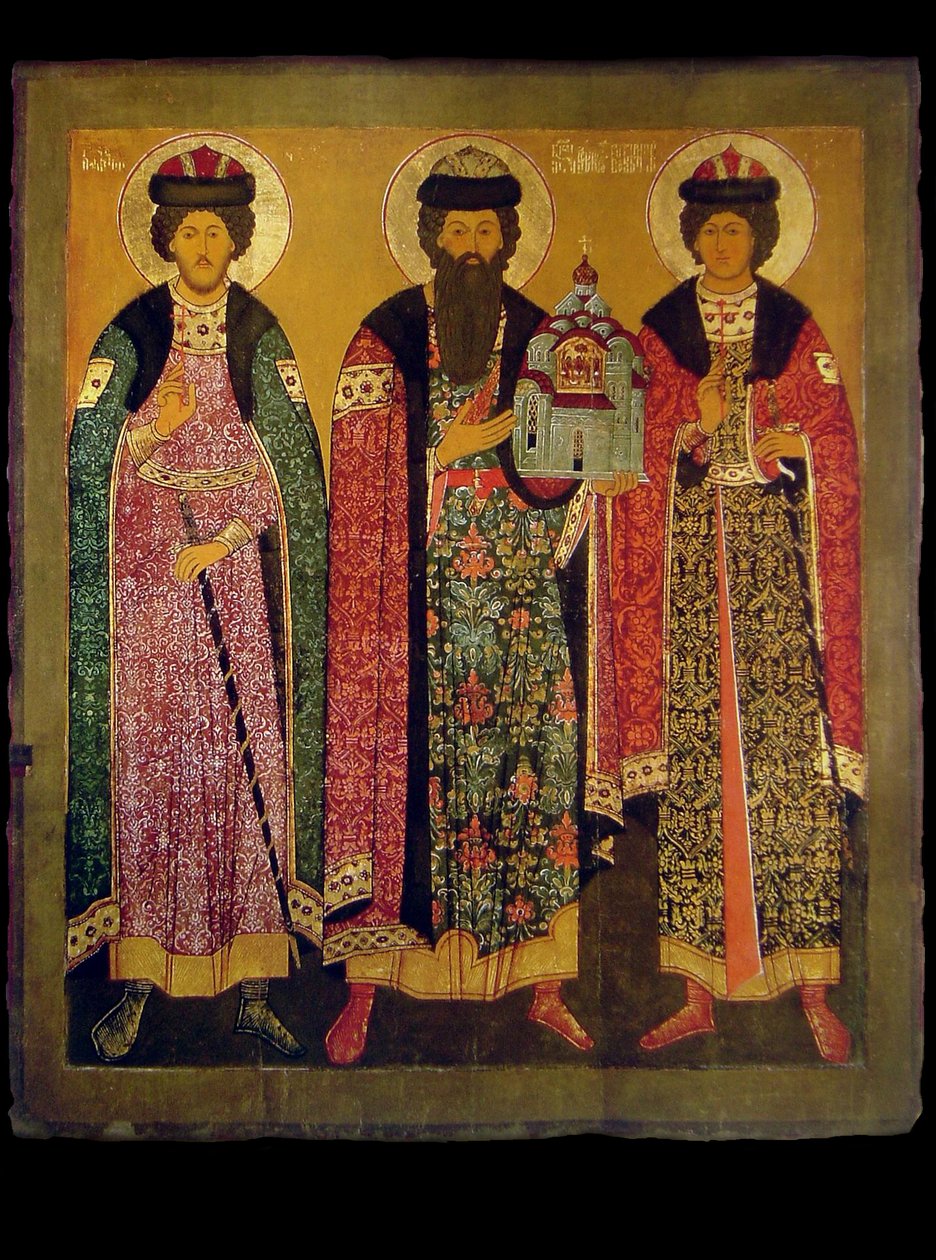 Św. Wsiewołod Mścisławicz, książę pskowski ze świętymi Borysem i Glebem, pocz. autorstwa Anonymous Russian icon painter