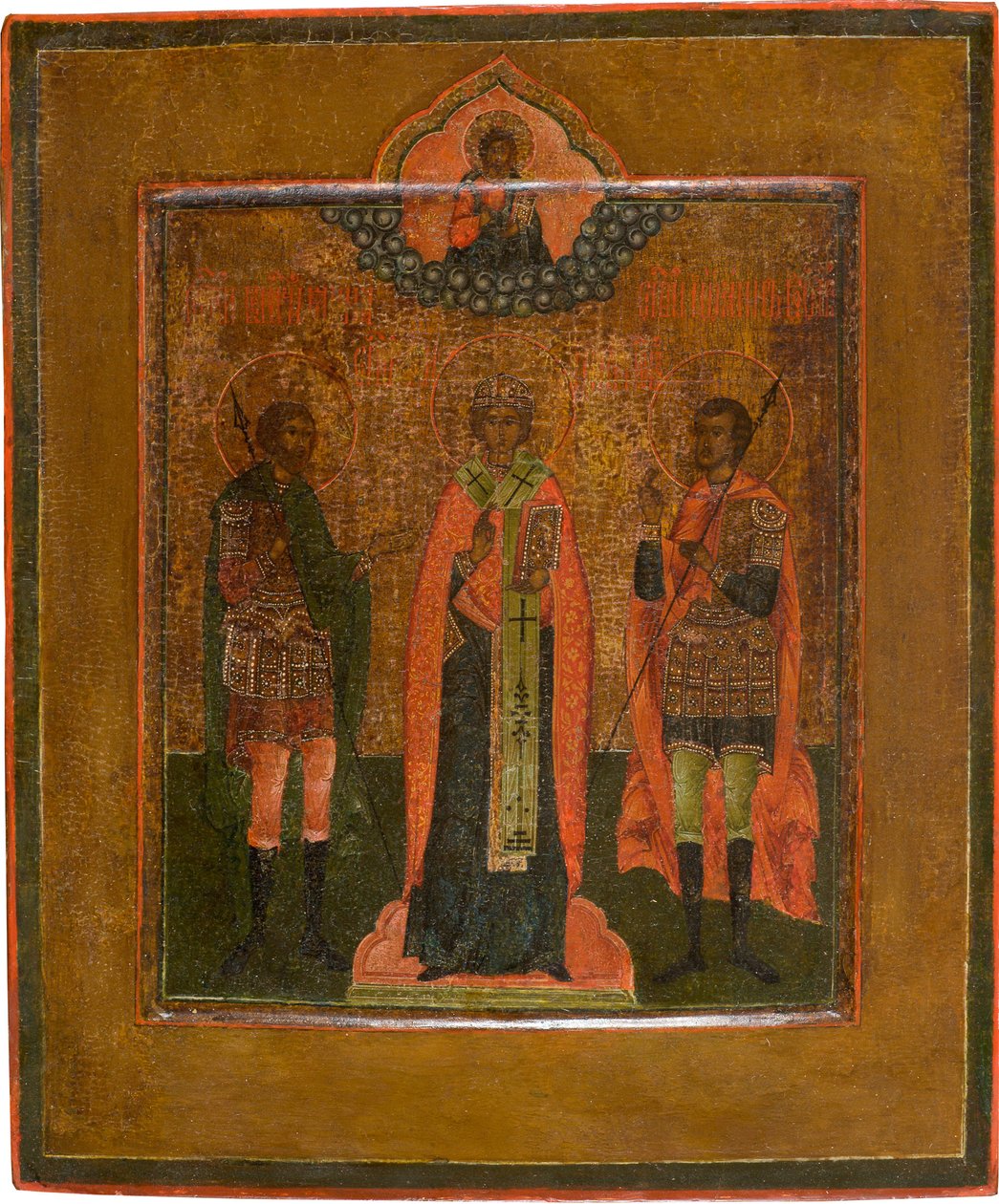 Święci Menas, Nikita Nowogrodzki i Jan Wojownik, I ćw. XIX w. autorstwa Anonymous Russian icon painter