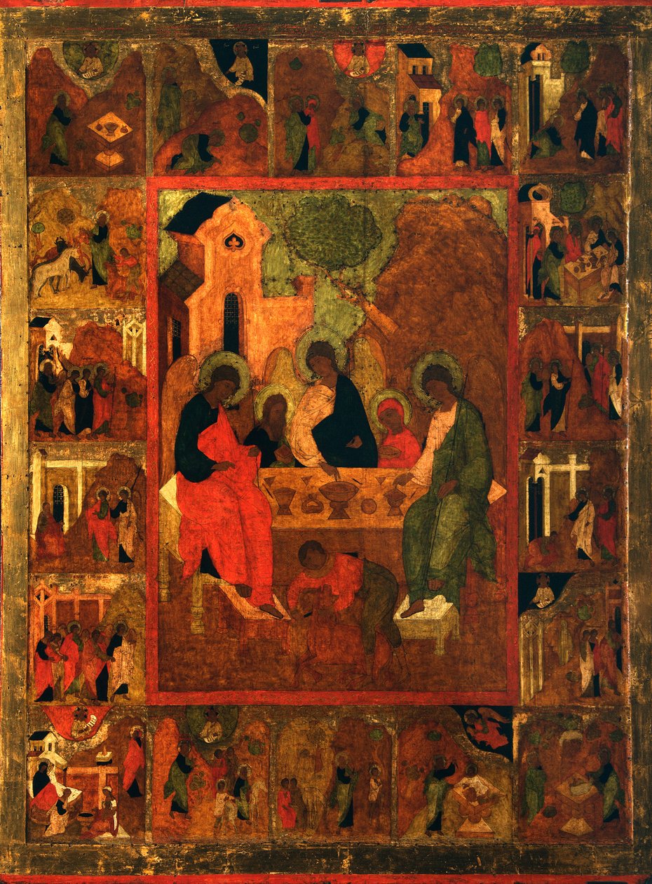 Gościnność Abrahama Trójca Starego Testamentu, koniec XVI wieku. autorstwa Anonymous Russian icon painter