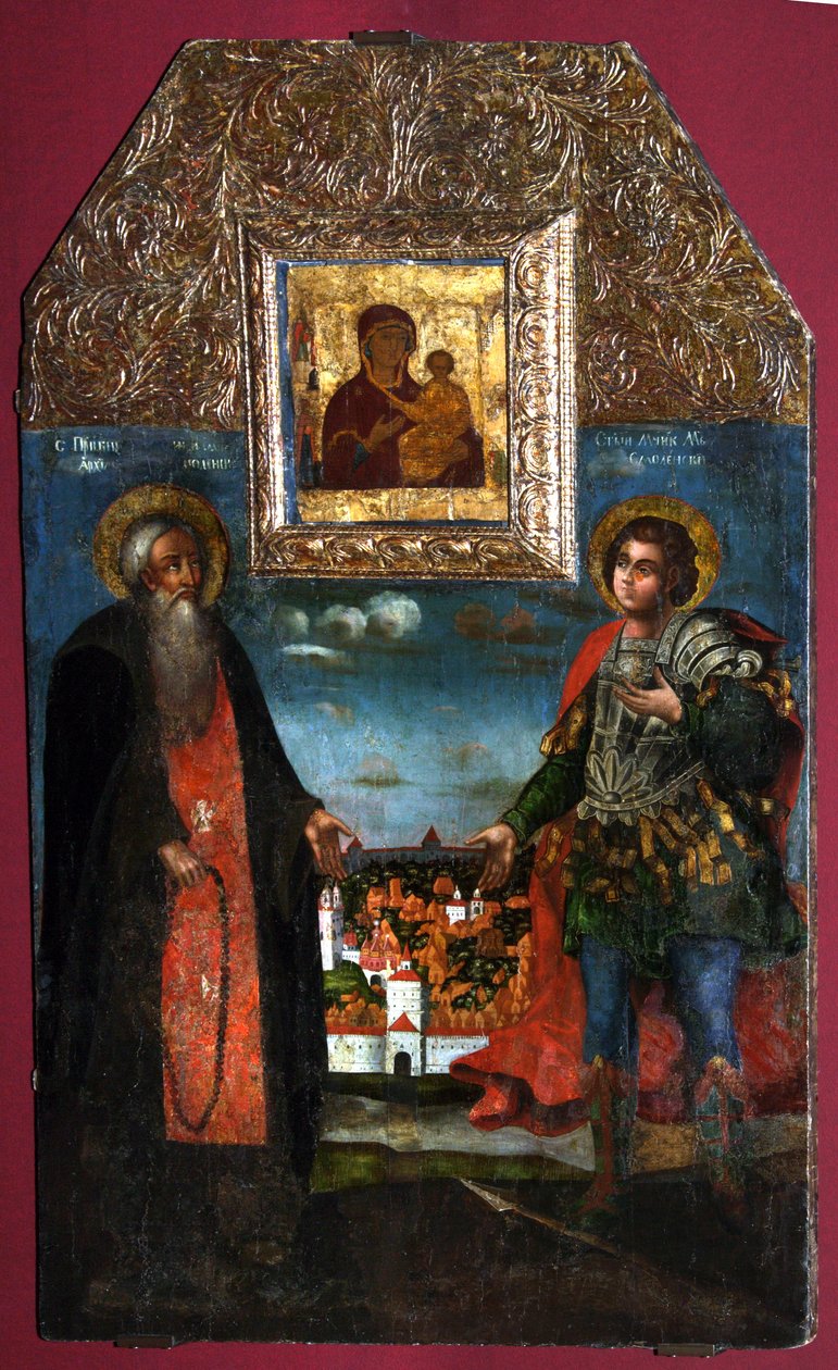Dziewica Hodegetria smoleńska ze świętymi Abrahamem smoleńskim i Merkuriuszem smoleńskim, 1722 autorstwa Anonymous Russian icon painter