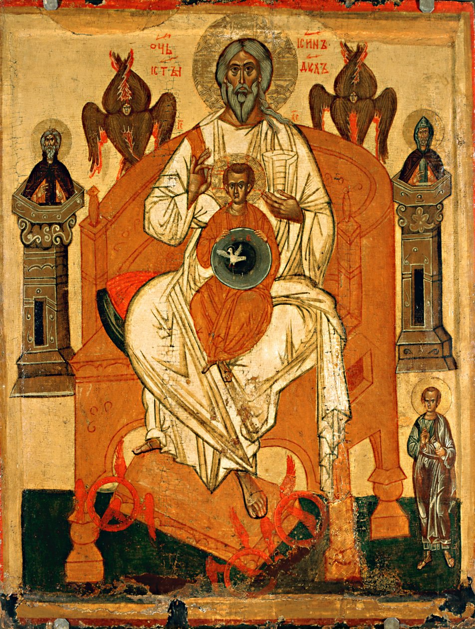 Trójca ze świętymi, początek XV wieku. autorstwa Anonymous Russian icon painter