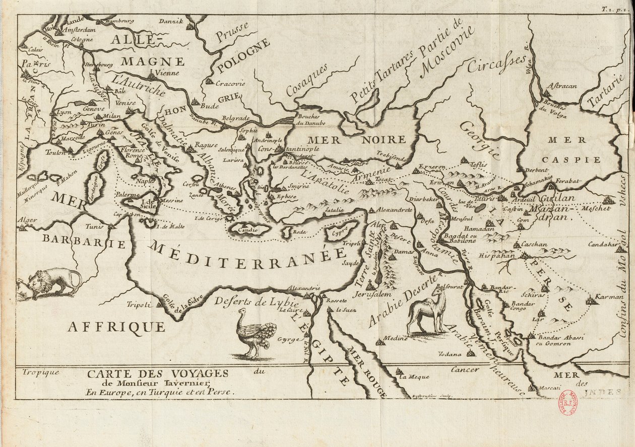 Mapa podróży Taverniera w Europie, Persji, Turcji, XVII wieku. autorstwa Anonymous master.
