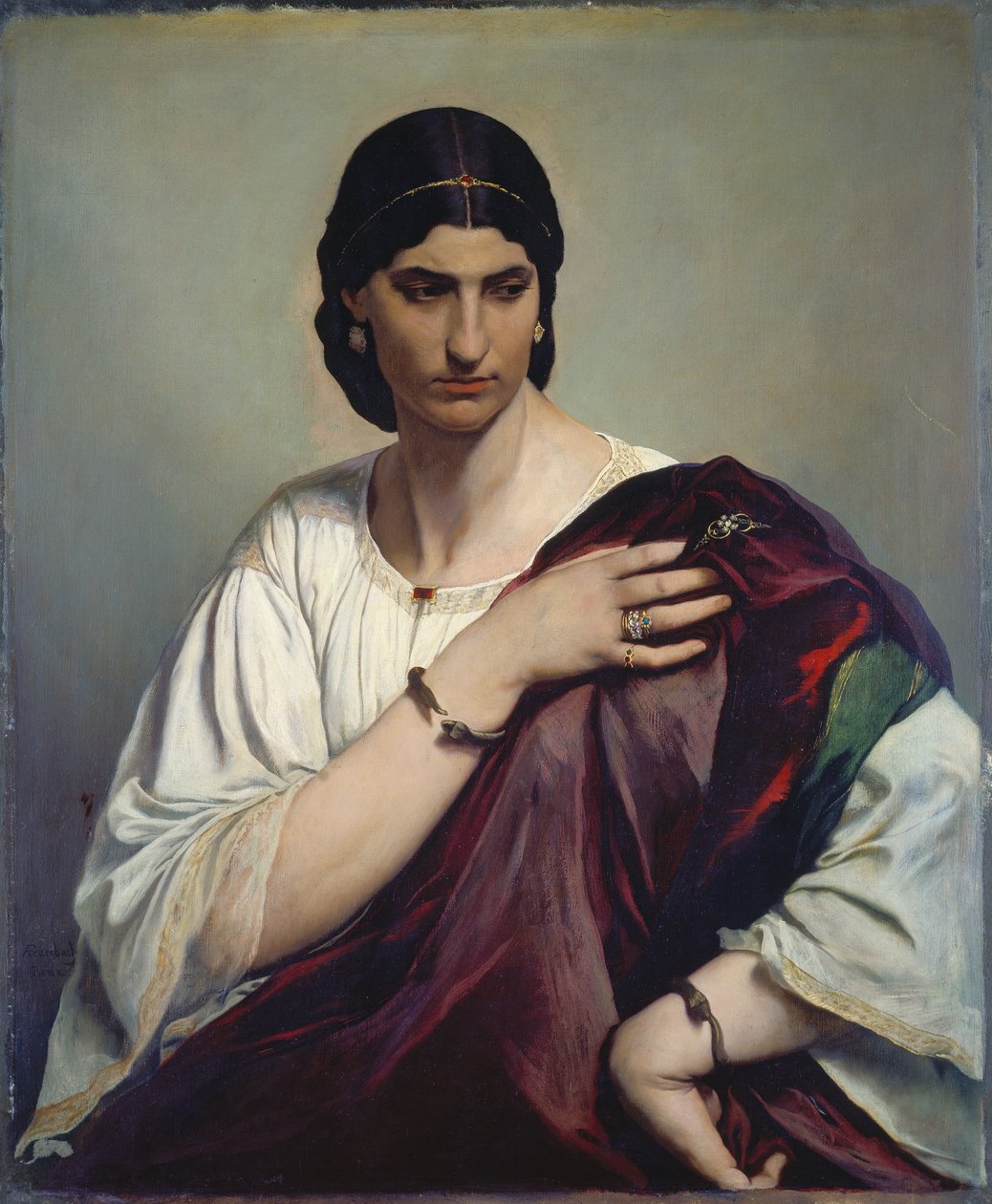 Lukrecja Borgia; Portret rzymskiej kobiety w białej tunice i czerwonej szacie, ok. 1862-66 (olej na płótnie) autorstwa Anselm Feuerbach