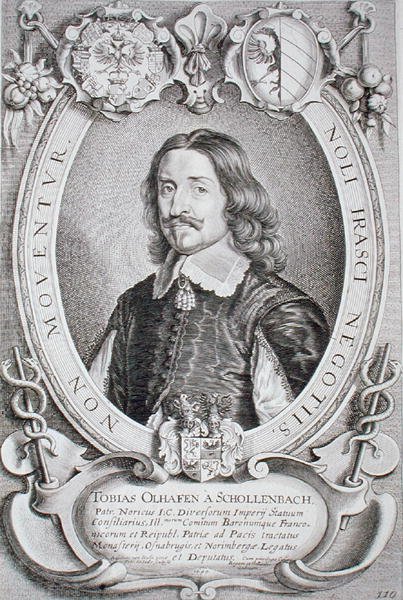 Tobias Oelhafen van Schollenbach (1601-66) z „Portretów wybitnych ludzi”, sztychowanej przez Petrusa de Iode, wydanej w 1706 r. (ryc.) autorstwa Anselmus van (after) Hulle