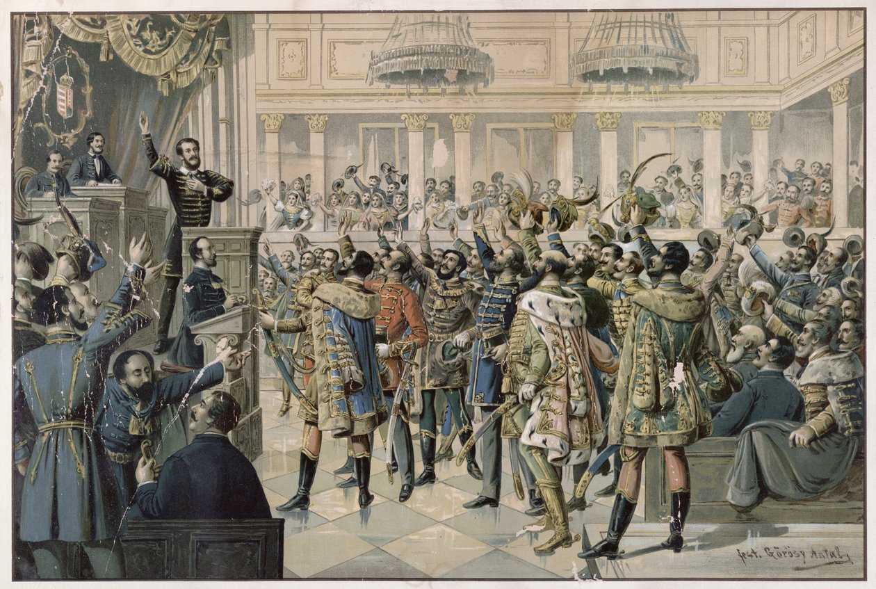 „Nasz wniosek jest niesiony!”, węgierski parlament w Budapeszcie uchwalił ustawę o utworzeniu armii do walki z imperium Habsburgów, 2 lipca 1848, koniec XIX wieku autorstwa Antal Gorosy