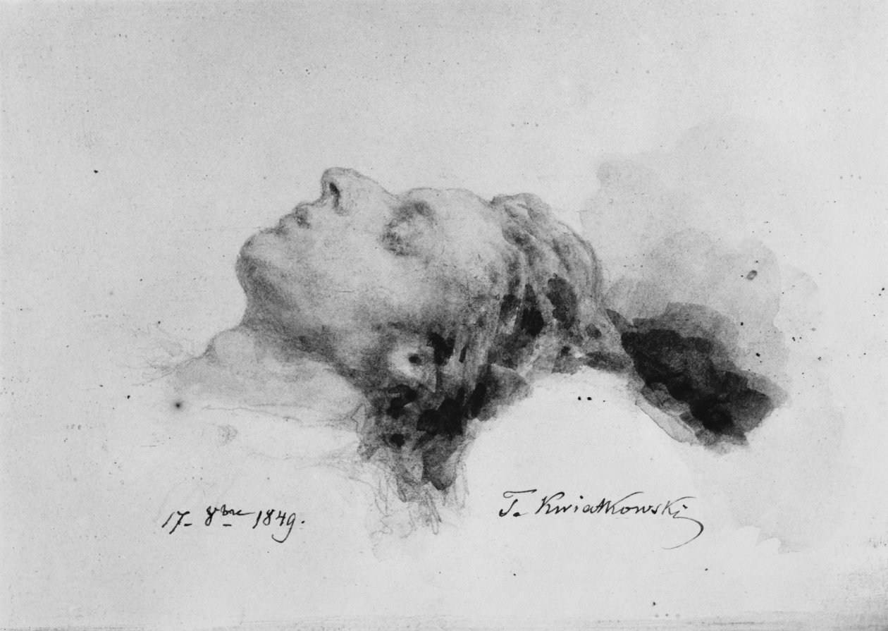 Fryderyk Chopin na łożu śmierci, 17 października 1849 (ołówek i gwasz na papierze) autorstwa Antar Teofil Kwiatowski